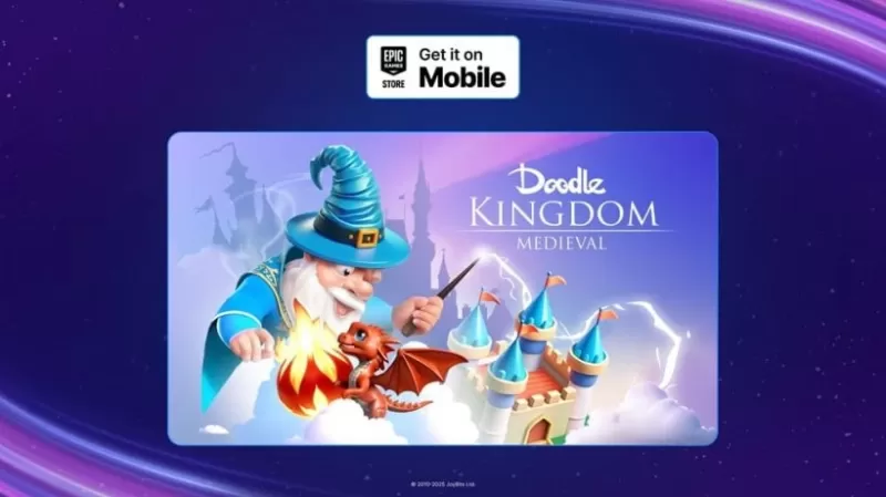 Doodle Kingdom promotional art featuring wizard battling dragon