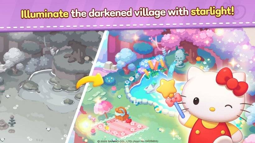 Isang larawan ni Hello Kitty na kumakaway ng isang magic wand sa isang tanawin na may kulay na naibalik dito