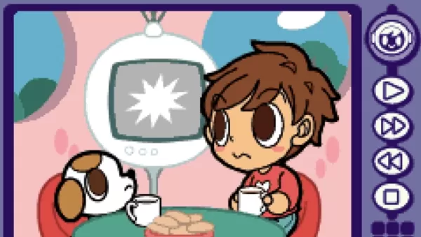 Susumu and Puchi from Mr Digger 2 watching a news broadcast, dining room with breakfast