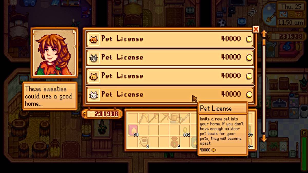 Inventário de licença para animais de estimação da Marnie Ranch Shop em Stardew Valley