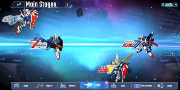 Ảnh chụp màn hình hành động trong G Gundam Eternal cho thấy các robot khổng lồ trong không gian sâu thẳm