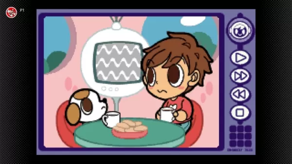 Susumu and Puchi from Mr Digger 2 watching a news broadcast, dining room with breakfast