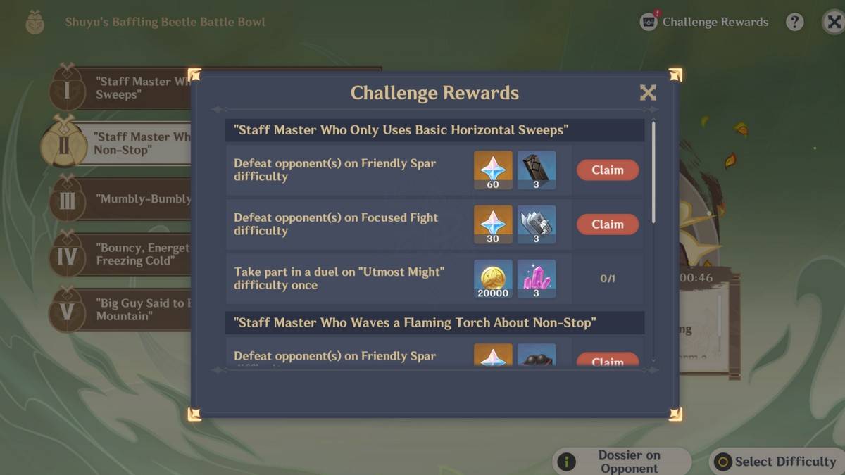 A screenshot from Genshin Impact showing the Challenge Rewards section of the Shuyu’s Baffling Beetle Battle Bowl event.