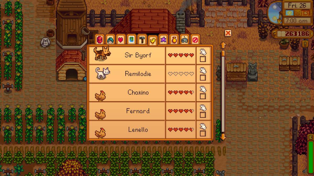 Menu Meter Persahabatan Haiwan di Stardew Valley